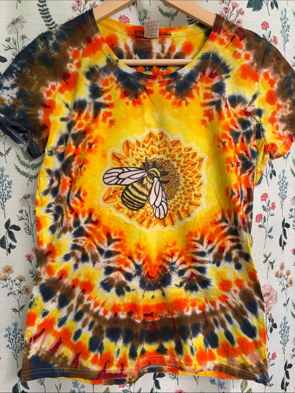 Tie-Dye Bee Sunflower T-Shirt - Yellow/Orange - custom made. One of a kind.